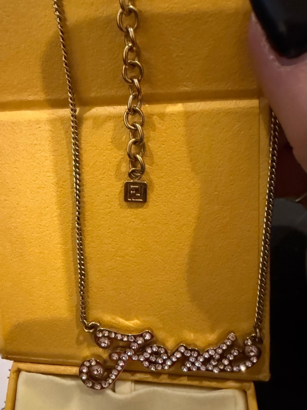Fendi Gold-Tone Script Necklace with Pink Crystals like new. Worn once - Picture 2 of 4